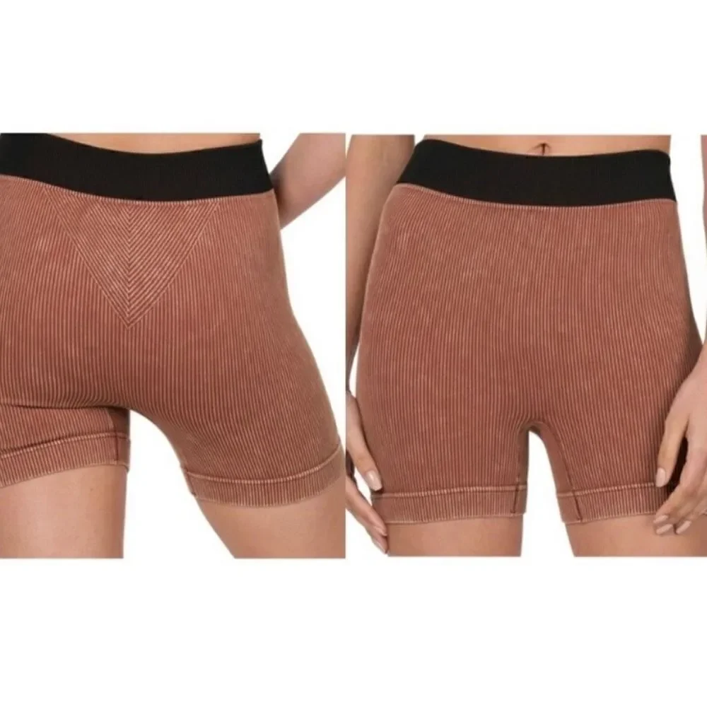 NEW Mineral Washed Ribbed Seamless High Rise Shorts in Dark Rust Size L/XL